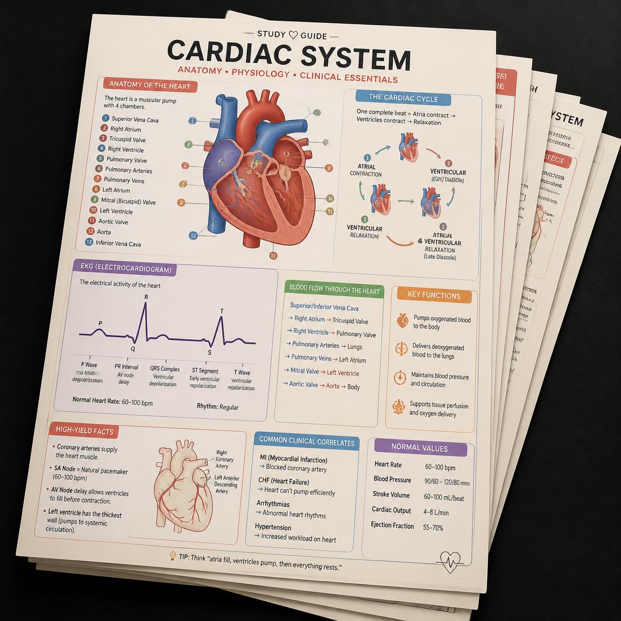 Preview of the Cardiac System Cheat Sheet showing anatomy, EKG, and clinical facts